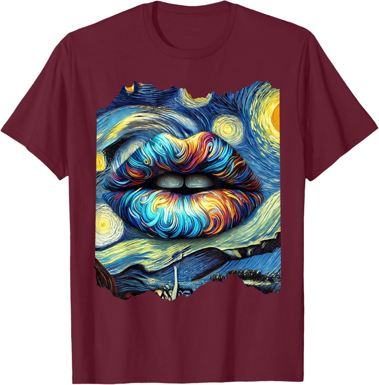 Lips Fashion Van Gogh Art Painting Star Sky Night Lips T-Shirt - T-Shirt | Maroon