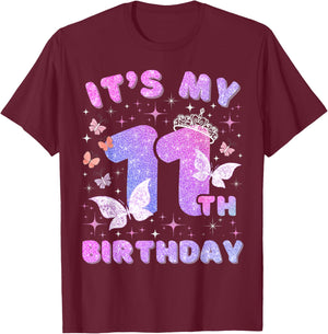 Kids 11 Years Princess Butterfly Its My 11th Birthday Girls T-Shirt - T-Shirt | Maroon