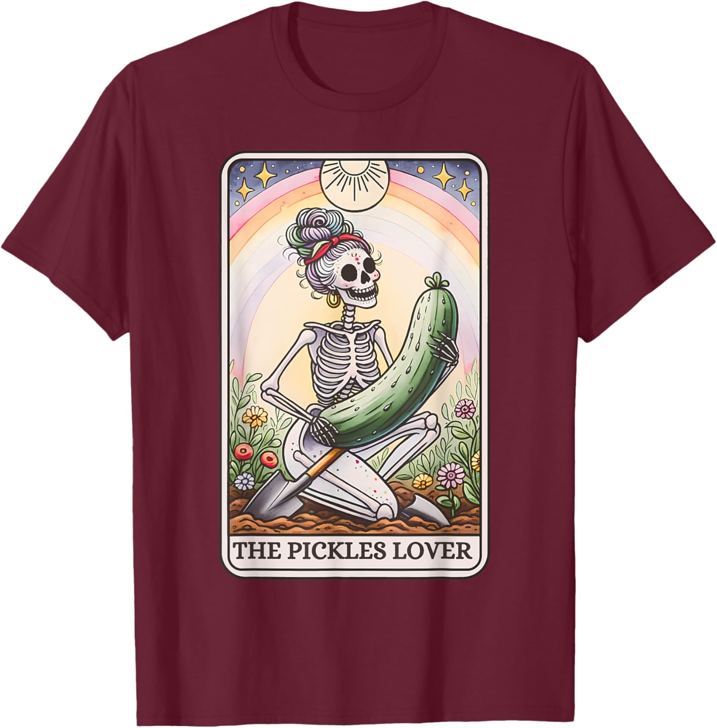 Pickle Lover Skeleton Tarot Card Pickle Jar Gardening T-Shirt - T-Shirt | Maroon