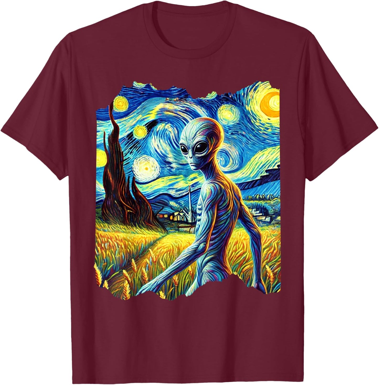 Alien Van Gogh Art Painting Star Sky Night Aliens T-Shirt - T-Shirt | Maroon