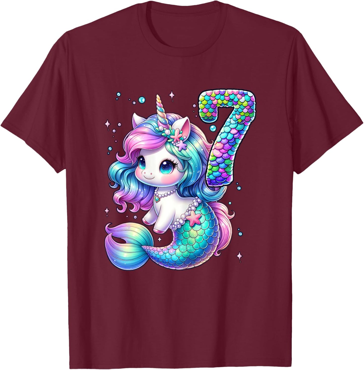 Unicorn Mermaid 7th Birthday 7 Year Old Party Girls Outfit T-Shirt - T-Shirt | Maroon