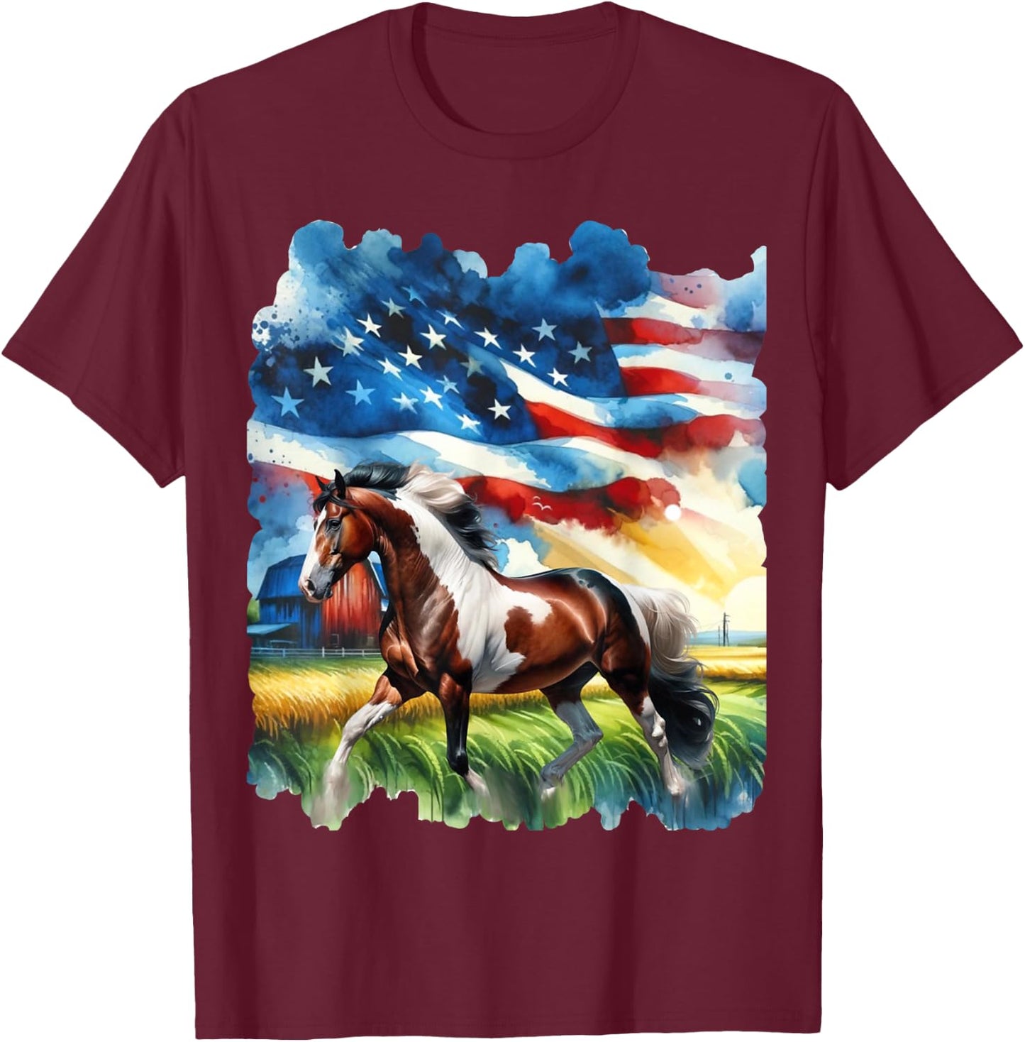 Patriotic Country Paint Horse with American Flag Women Kids Men T-Shirt - T-Shirt | Maroon