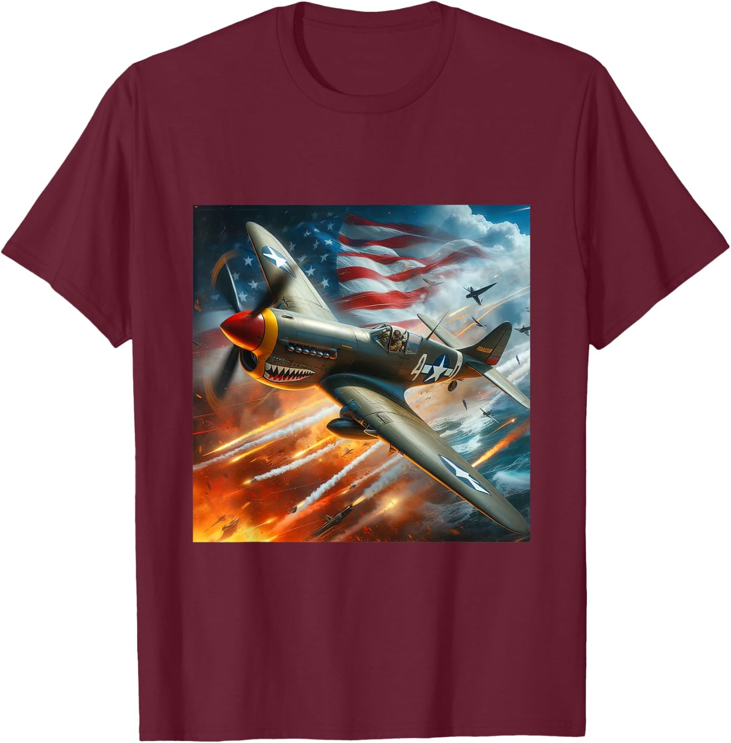 P-40 Warhawk | North American Aviation WW2 P40 US Flag T-Shirt - T-Shirt | Maroon