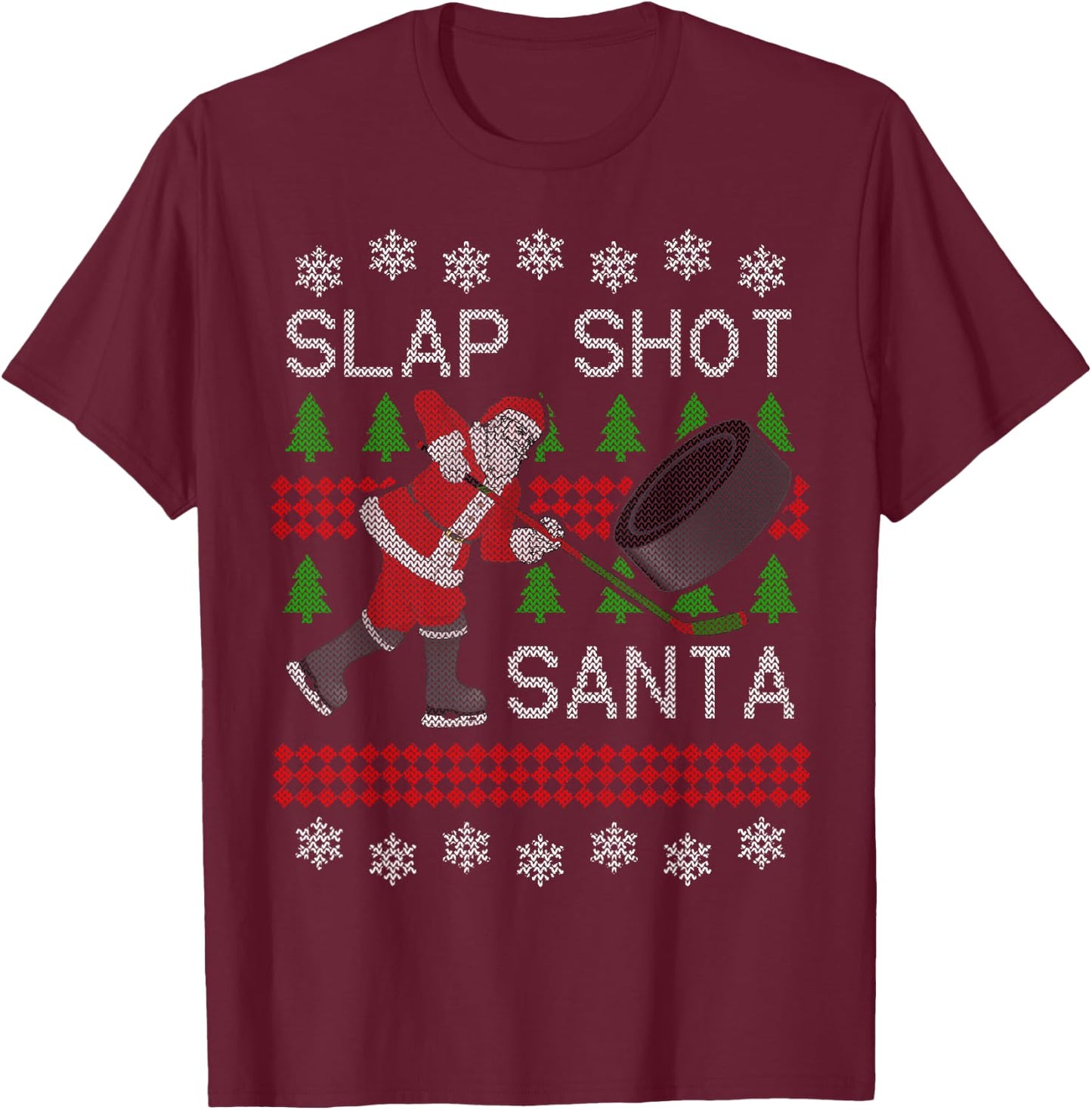 Funny Santa Hockey Puck Ugly Christmas Slap Shot Santa T-Shirt - T-Shirt | Maroon