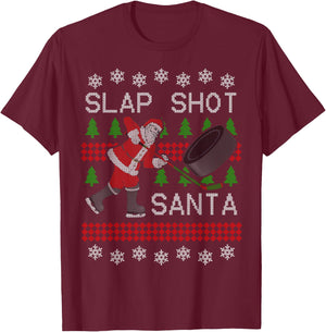Funny Santa Hockey Puck Ugly Christmas Slap Shot Santa T-Shirt - T-Shirt | Maroon
