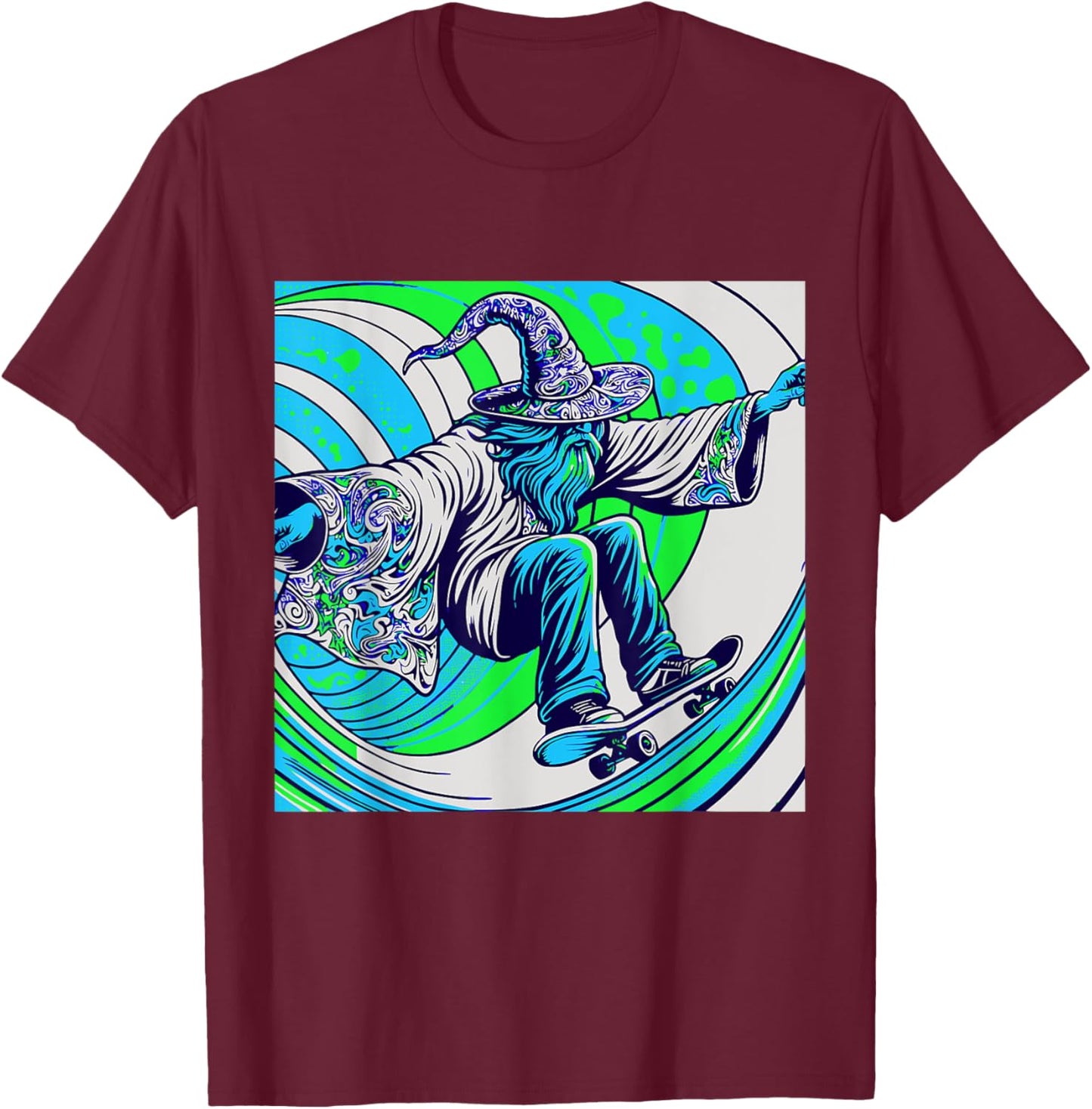Psychedelic Trippy Rave Colourful Skateboarding Wizard T-Shirt - T-Shirt | Maroon