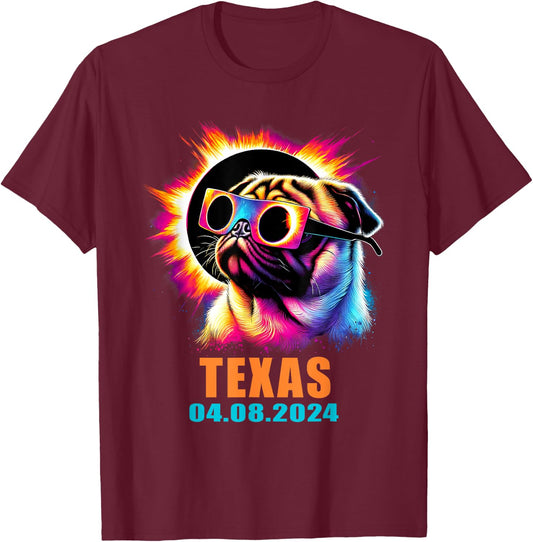 Texas Total Solar Eclipse 2024 Pug Dog With Glasses Women Kids T-Shirt - T-Shirt | Maroon