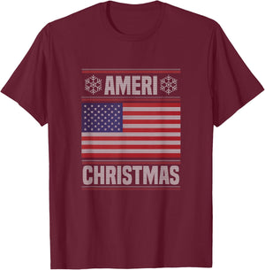 Ameri' Christmas Funny American Christmas Flag T-Shirt - T-Shirt | Maroon