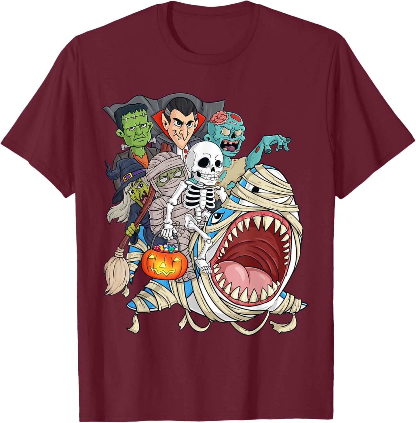Skeleton Zombie Riding Mummy Shark Vampire Halloween Pumpkin T-Shirt - T-Shirt | Maroon