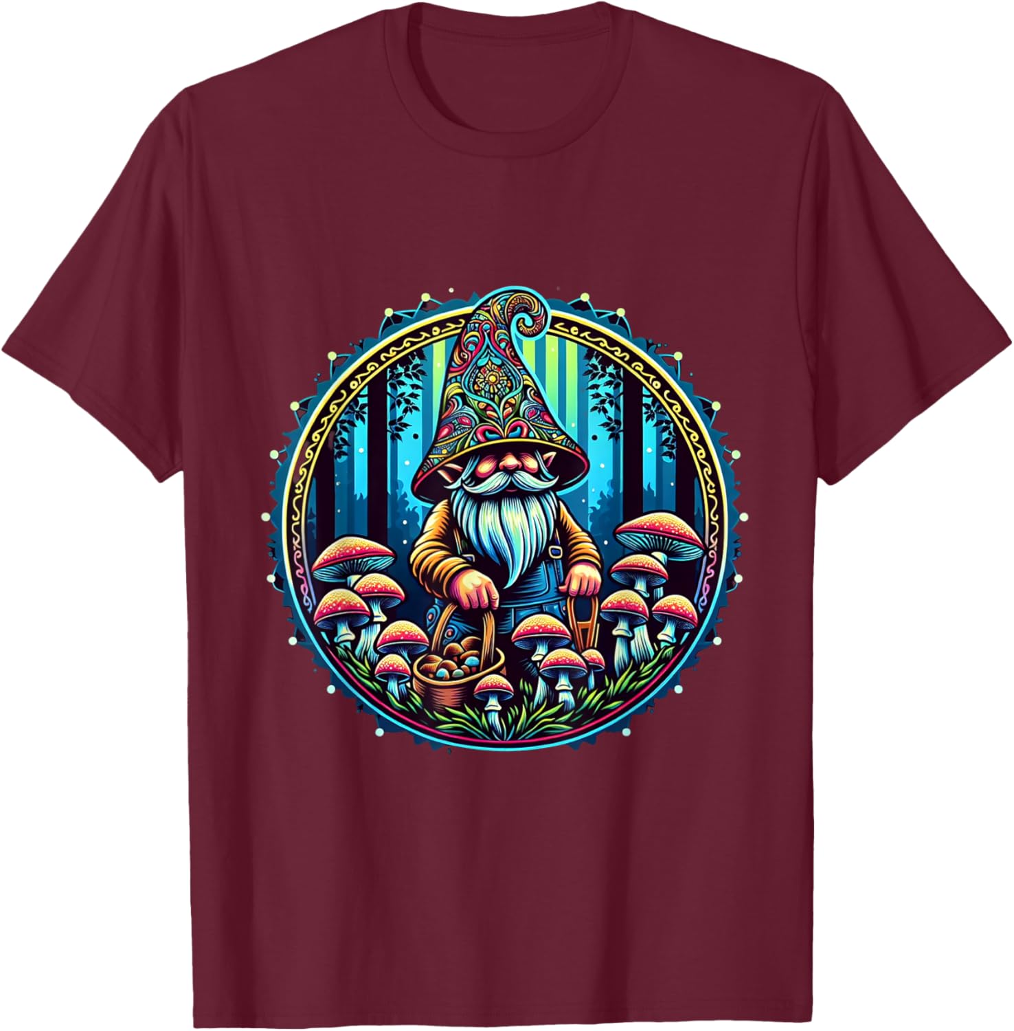 All Gnomes Need a Home Consortium Trippy Gnome Mushroom Farmer PLUR Rave EDM Festival Graphic , Small, Black T-Shirt - T-Shirt | Maroon