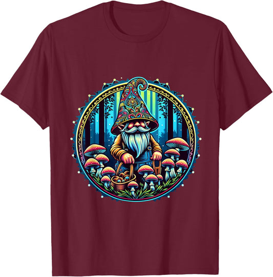 All Gnomes Need a Home Consortium Trippy Gnome Mushroom Farmer PLUR Rave EDM Festival Graphic , Small, Black T-Shirt - T-Shirt | Maroon