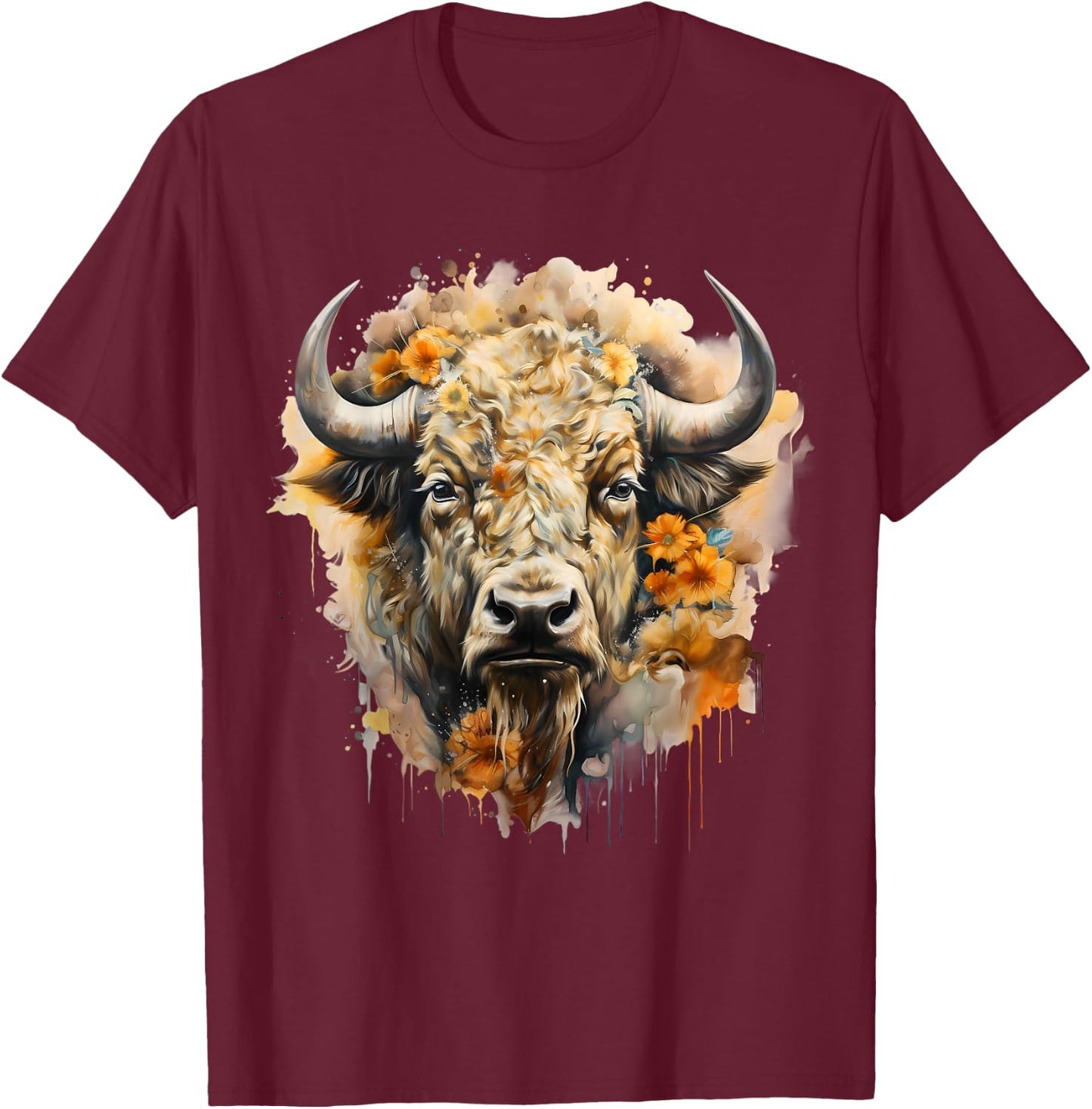 Buffalo Portrait Bison Animal Art Wildlife Savanna Splash T-Shirt - T-Shirt | Maroon