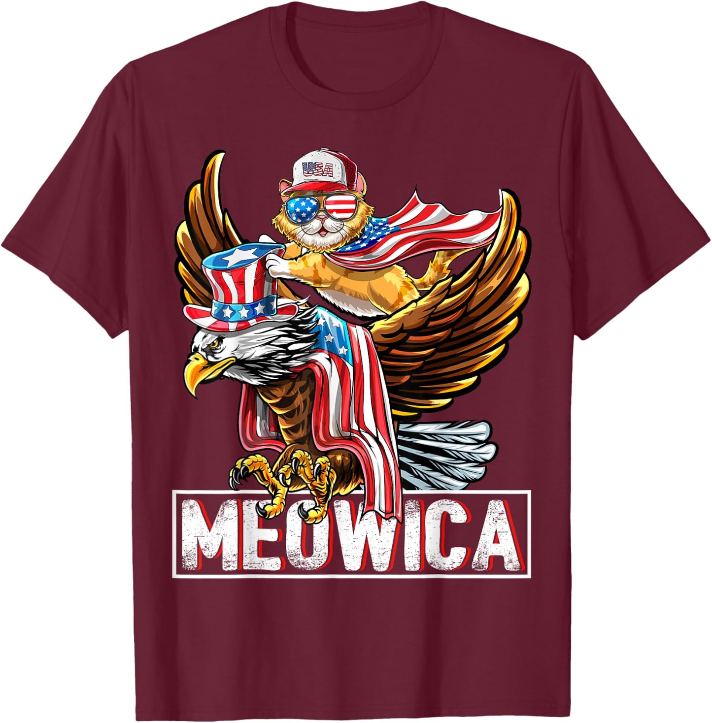 Meowica Cat Bald Eagle 4th of July Patriotic American Flag Women Kids Men T-Shirt - T-Shirt | Maroon