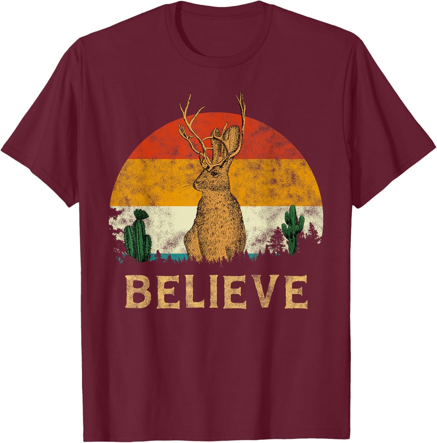 Jackrabbit Desert Mountain Cactus Sunshine Believe Jackalope Men Women Girls Kids T-Shirt - T-Shirt | Maroon