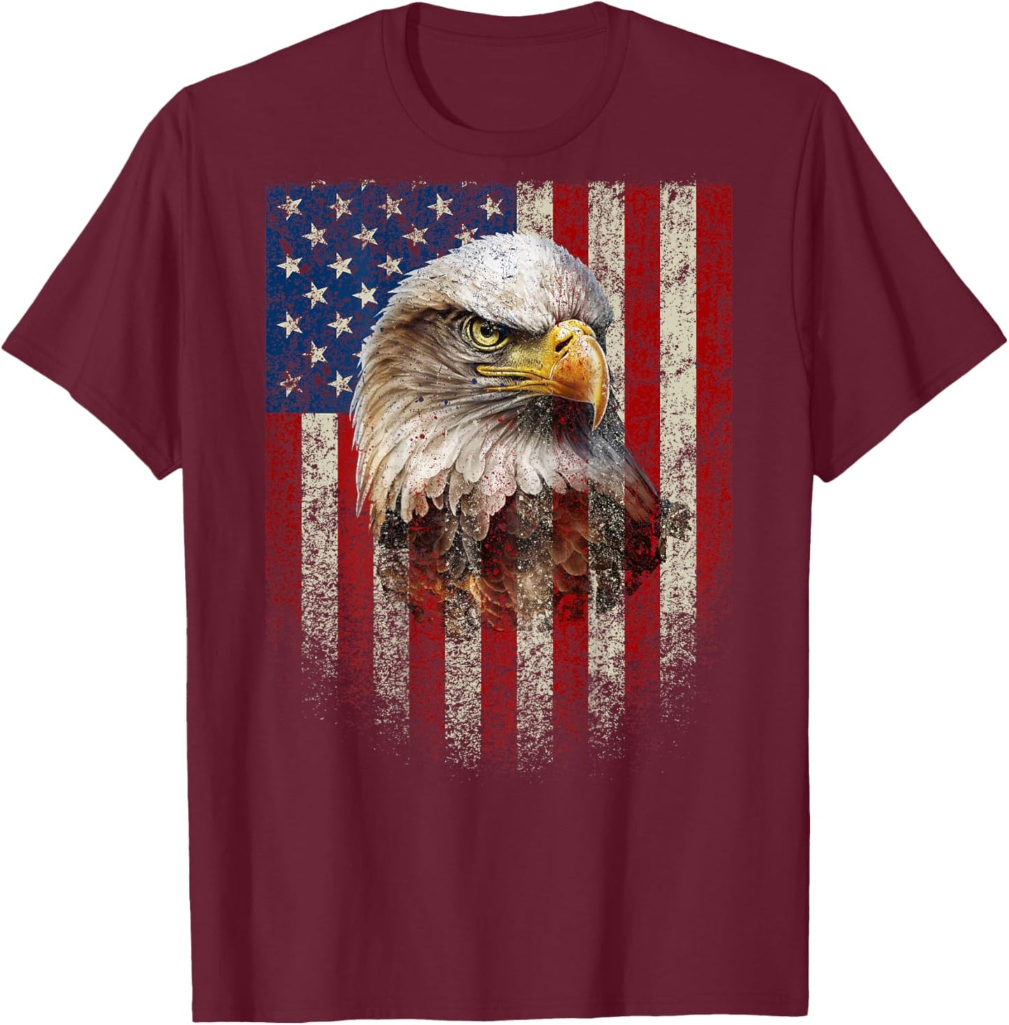 (Art on Back) Patriotic US Flag with American Eagle T-Shirt - T-Shirt | Maroon