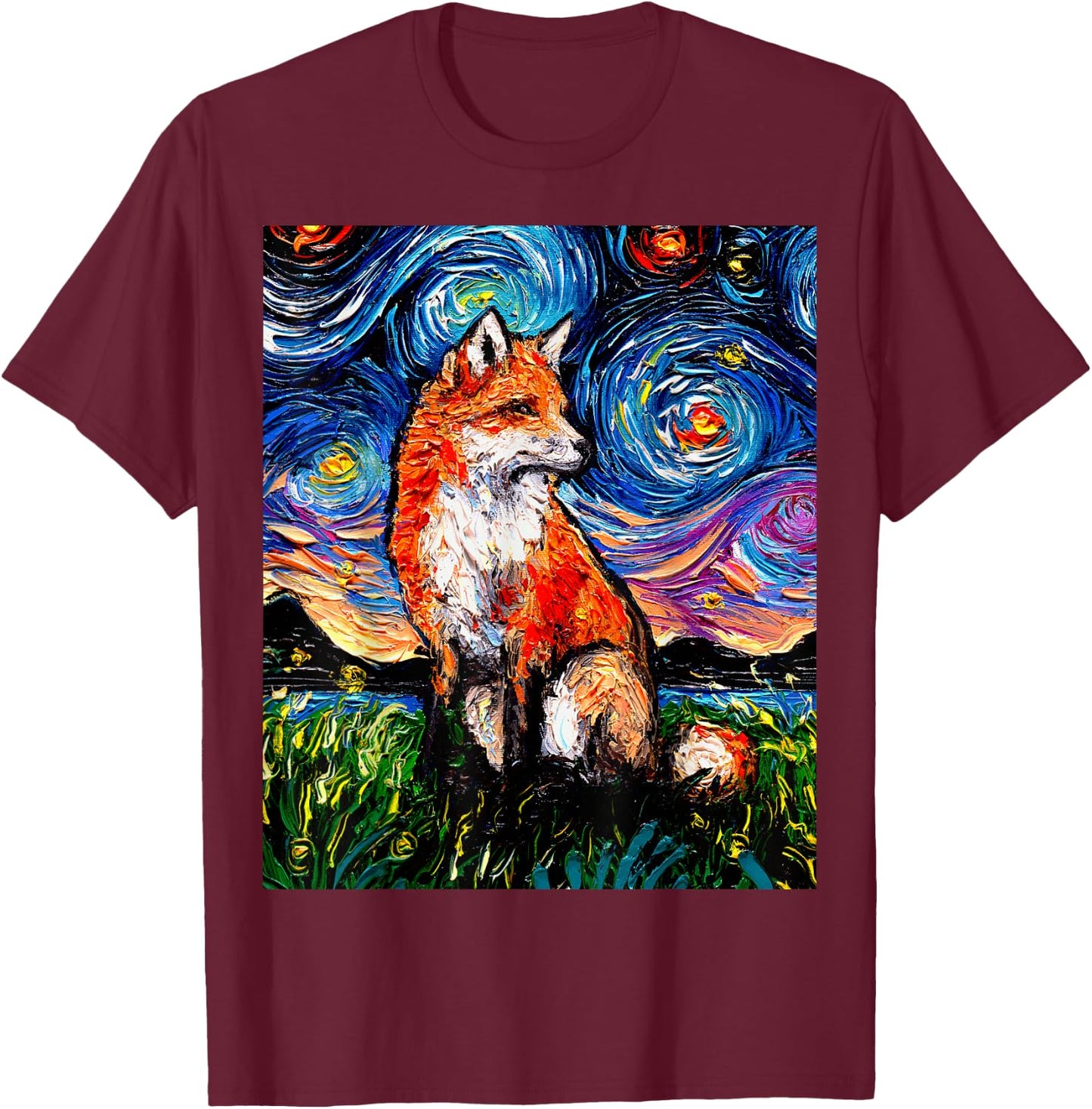 Red Fox Starry Night Animal Art by Aja T-Shirt - T-Shirt | Maroon