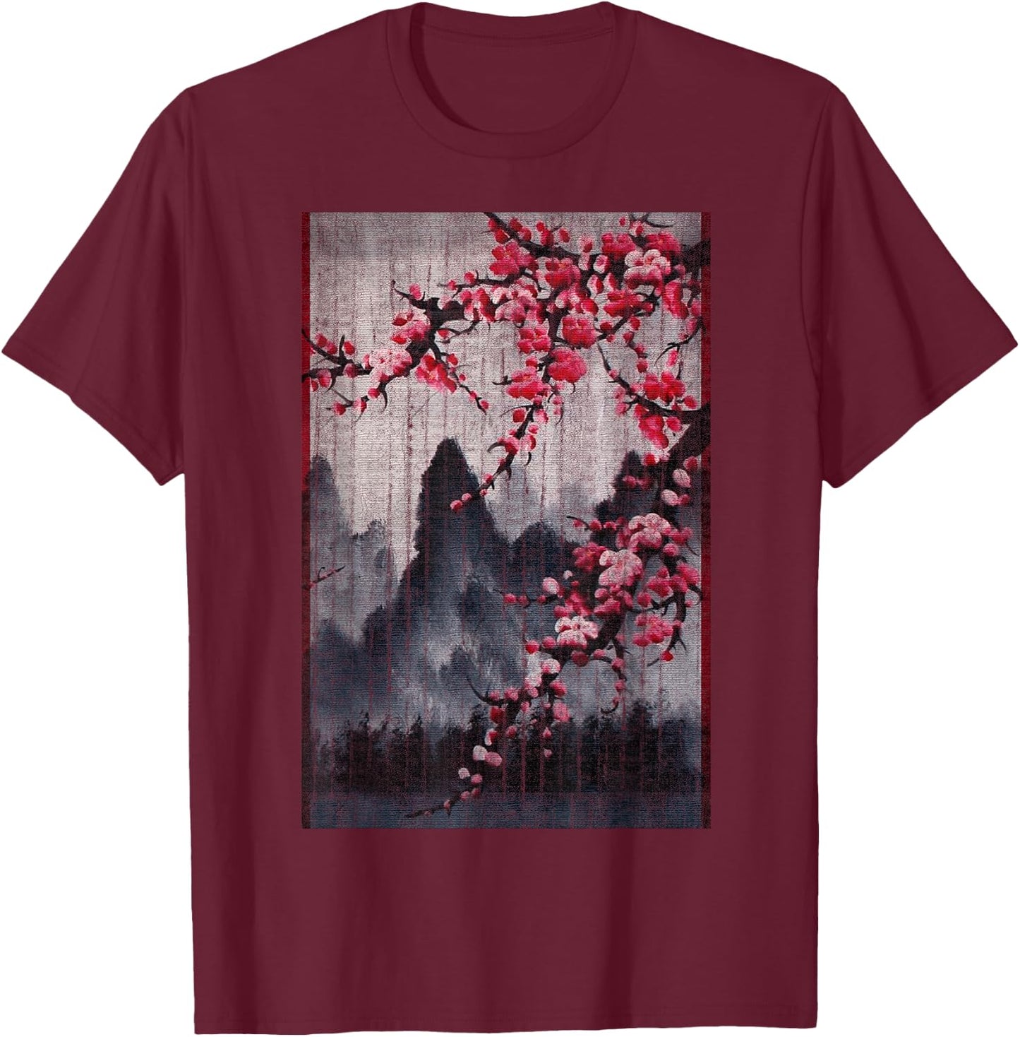 Vintage Cherry Blossom Woodblock Japanese Graphical Art T-Shirt - T-Shirt | Maroon