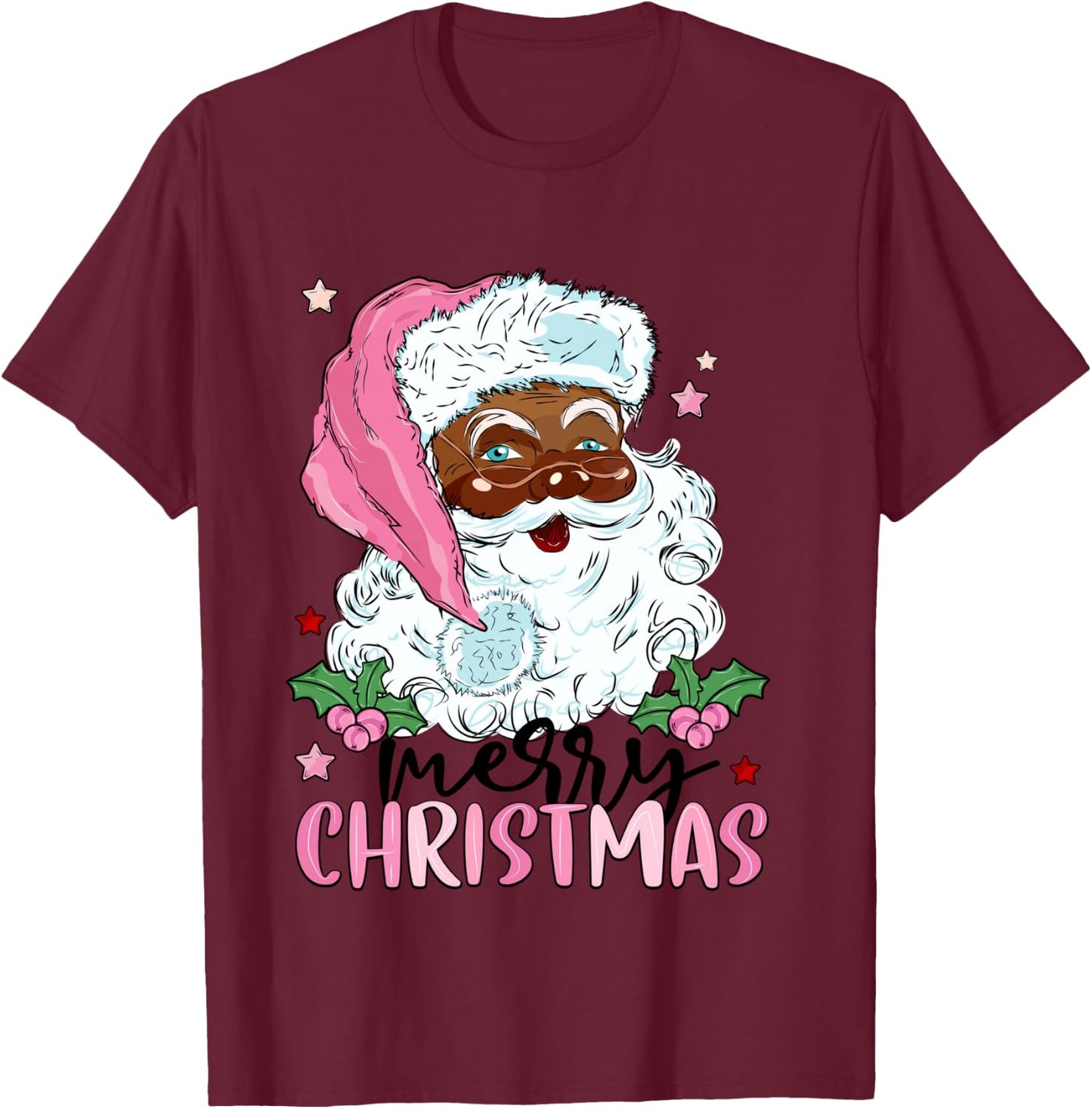 Merry Christmas Santa Claus Black Afro African American Xmas T-Shirt - T-Shirt | Maroon