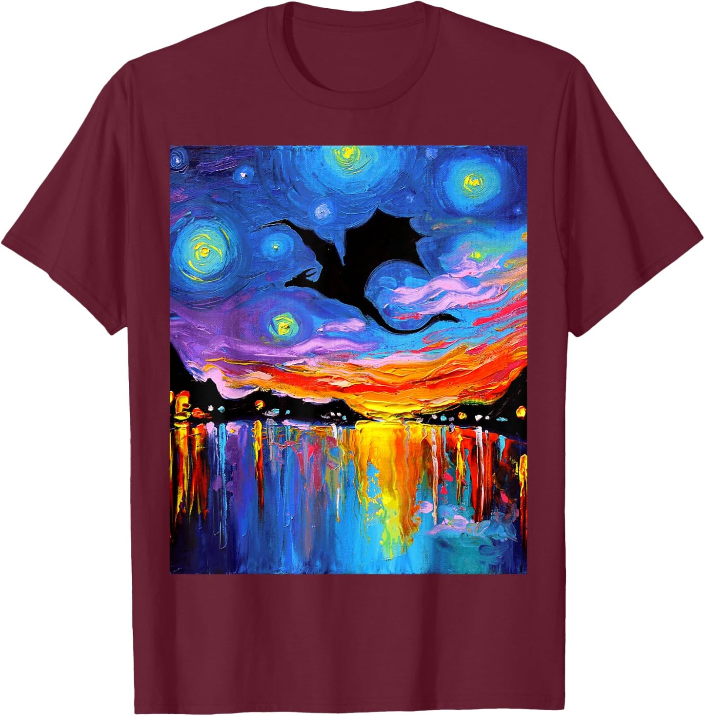 Flying Dragon Silhouette Sunset Starry Night Fantasy Art T-Shirt - T-Shirt | Maroon