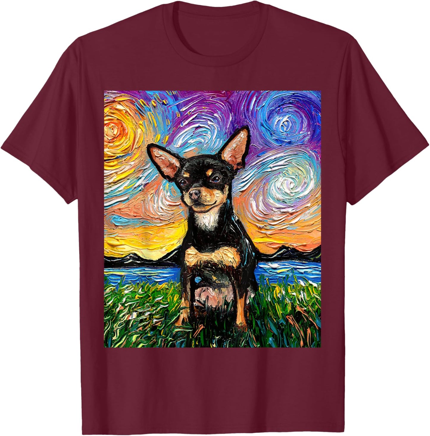 Black and Tan Smooth Chihuahua Starry Night Dog Artwork T-Shirt - T-Shirt | Maroon