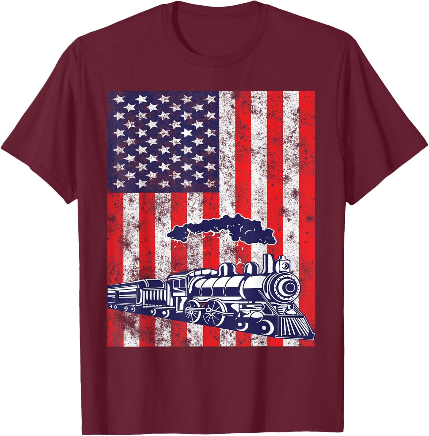 Train Locomotive Engine USA American Flag 4th of July T-Shirt - T-Shirt | Maroon