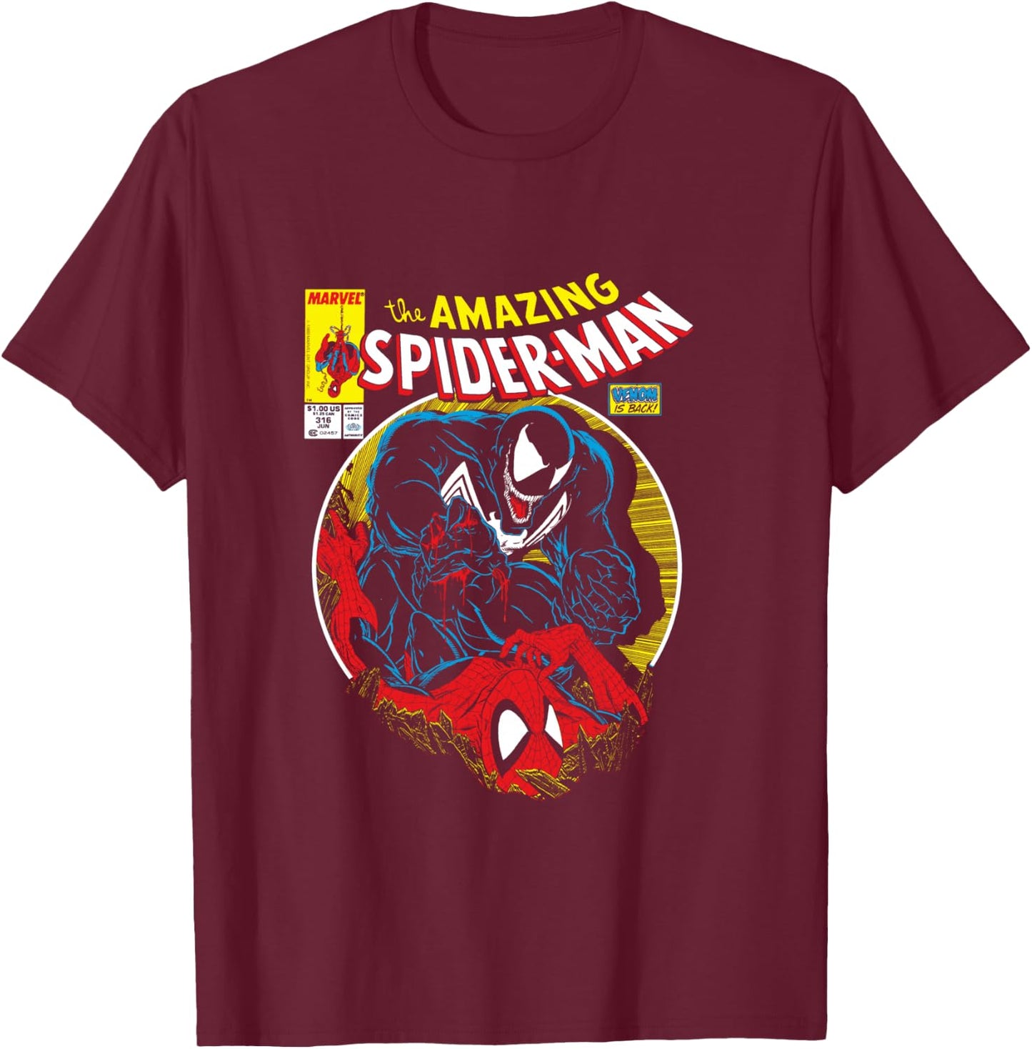 Marvel Spider-Man VS Venom Bloody Battle Comic Cover T-Shirt - T-Shirt | Maroon