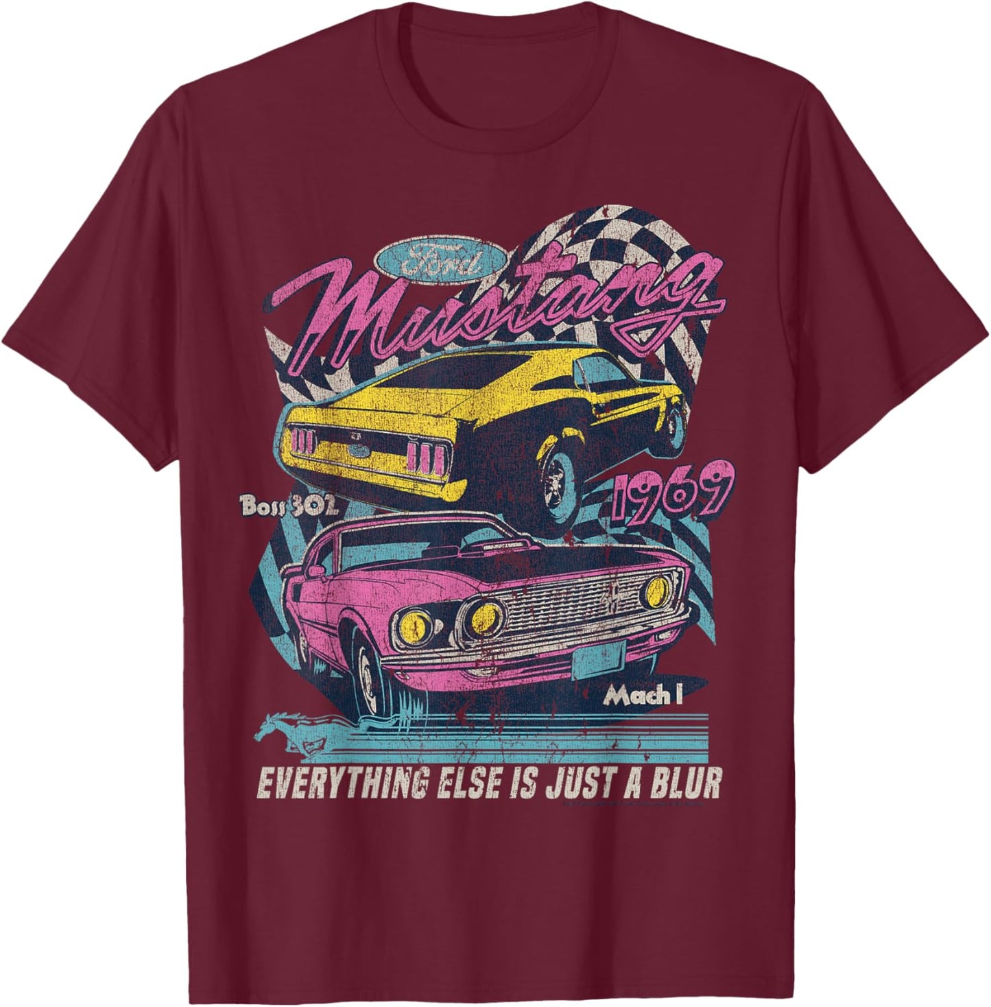Ford - Vintage Mustang Mach 1 1969 Boss 302 Just A Blur T-Shirt - T-Shirt | Maroon