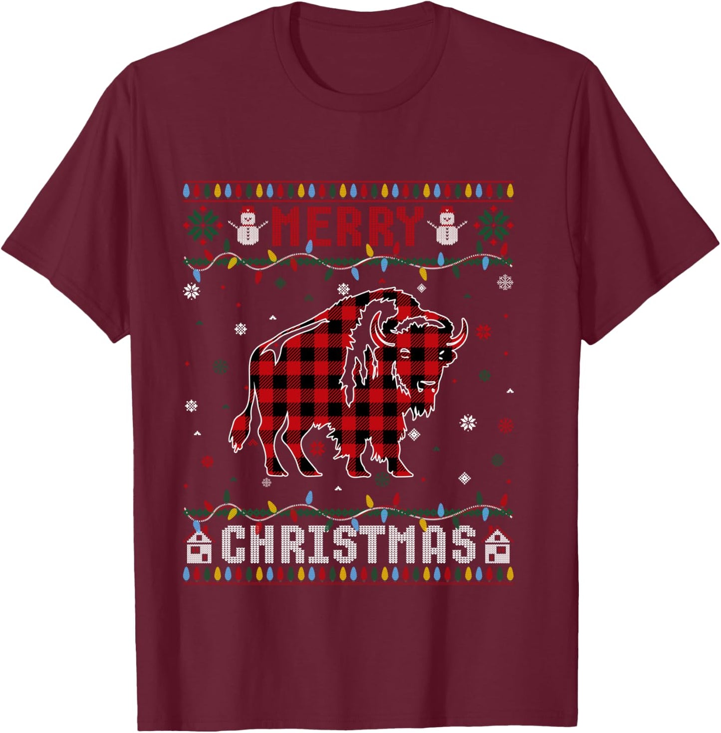 Funny Xmas Lighting Bison Lovers Ugly Christmas Sweater T-Shirt - T-Shirt | Maroon