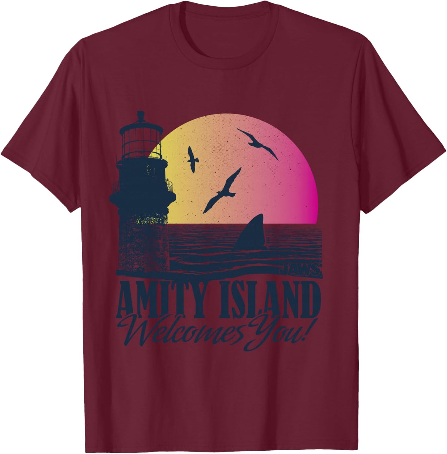 Jaws Amity Island Welcomes You Sunset T-Shirt - T-Shirt | Maroon