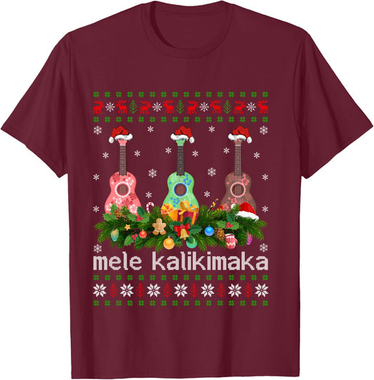 Mele Kalikimaka Ukulele Guitar Gift Ugly Ukulele Christmas T-Shirt - T-Shirt | Maroon