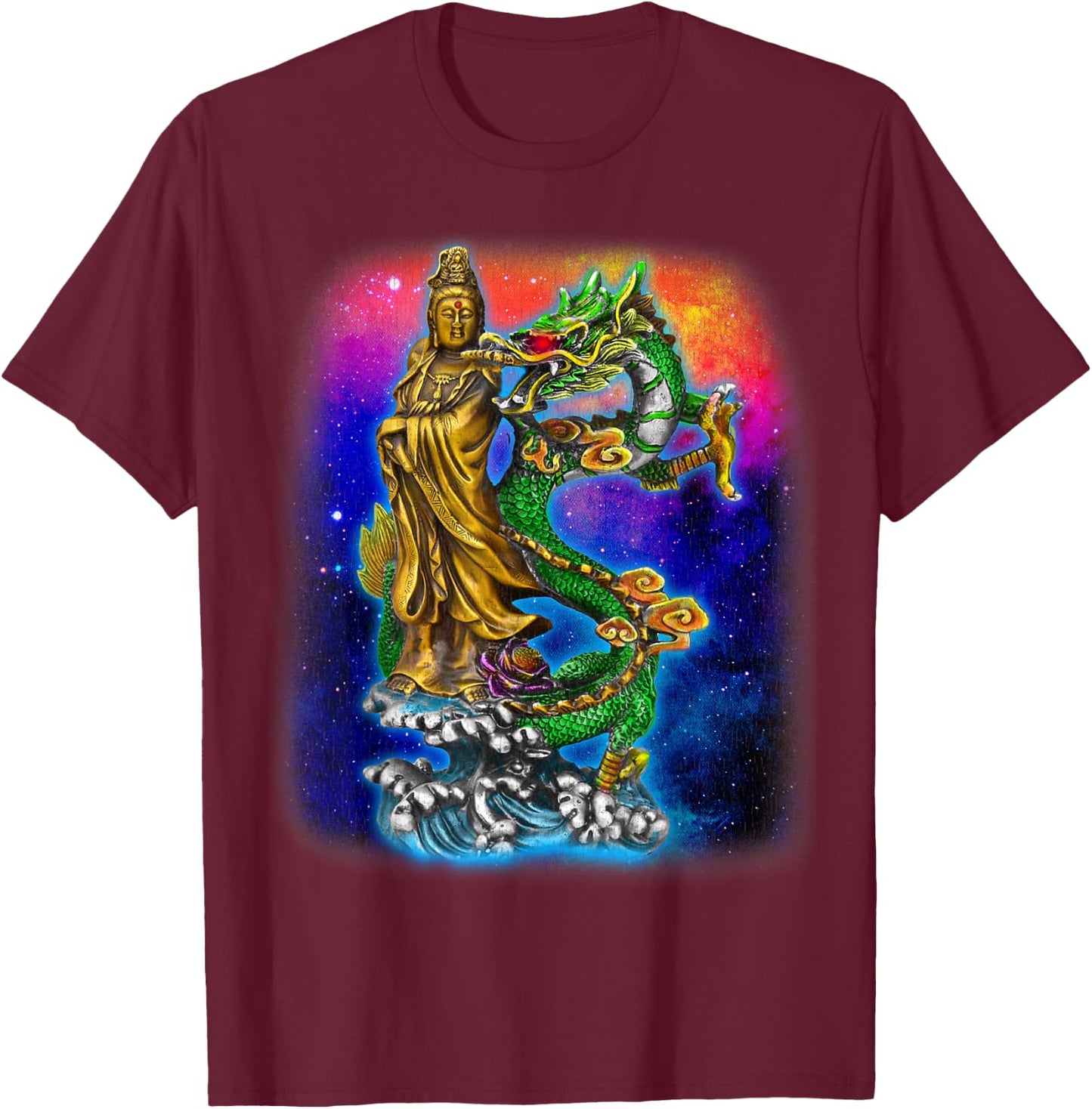 Guan Yin Guanyin Chinese Buddha Goddess Dragon T-Shirt - T-Shirt | Maroon