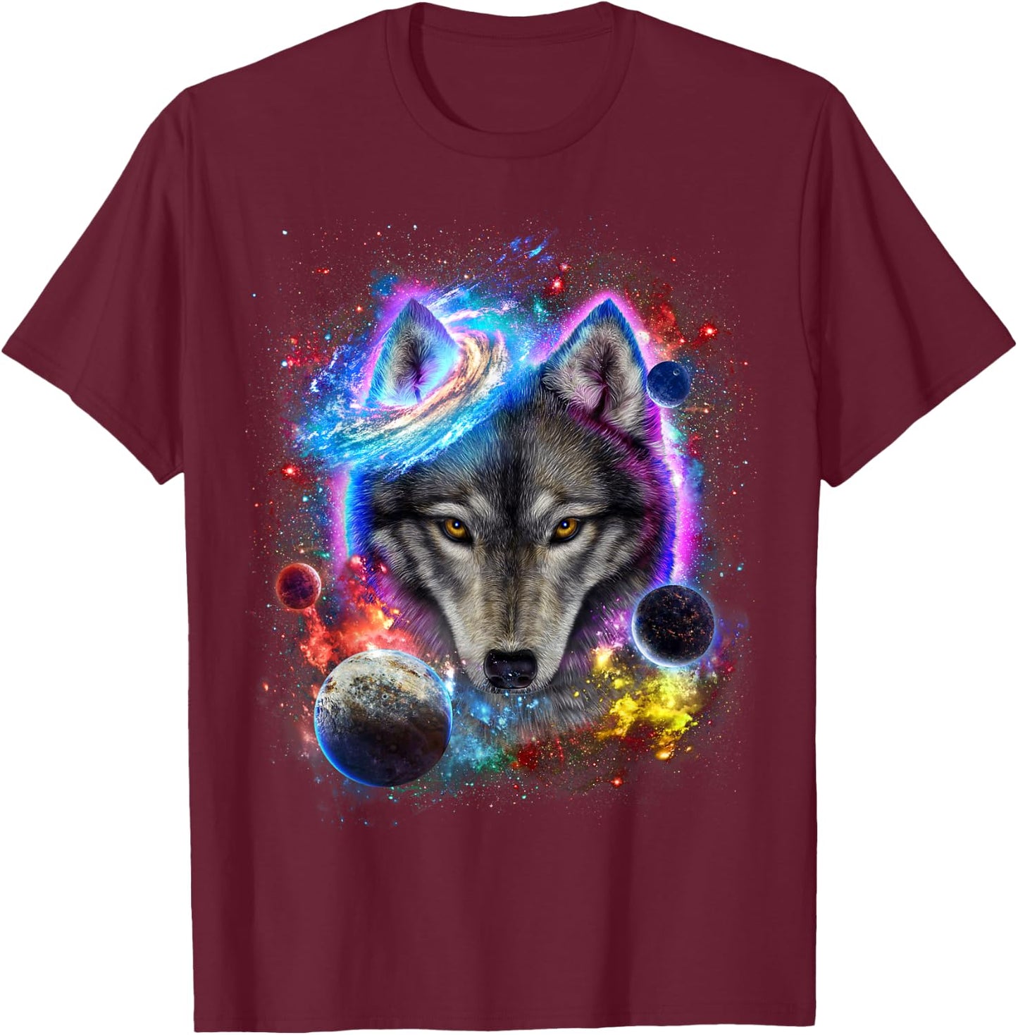 Cosmic Wolf Surrounded by Planet and Stars in Galactic Scene T-Shirt - T-Shirt | Maroon