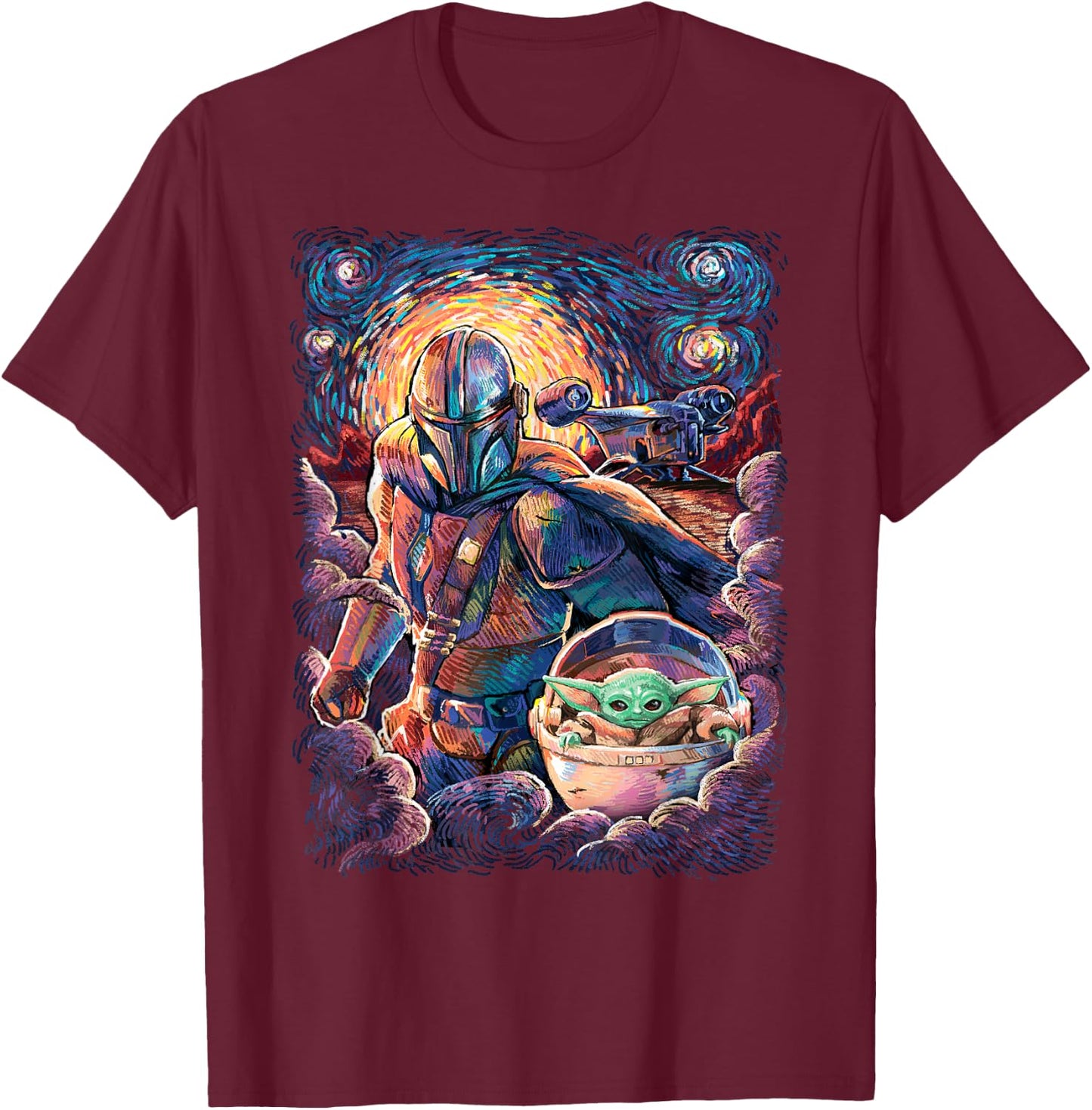 Star Wars The Mandalorian & The Child Starry Night Style T-Shirt - T-Shirt | Maroon