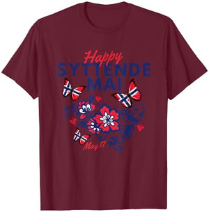 Happy Syttende Mai 17 May Norway Rosemaling Butterflies Flag T-Shirt - T-Shirt | Maroon