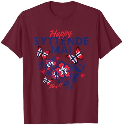 Happy Syttende Mai 17 May Norway Rosemaling Butterflies Flag T-Shirt - T-Shirt | Maroon