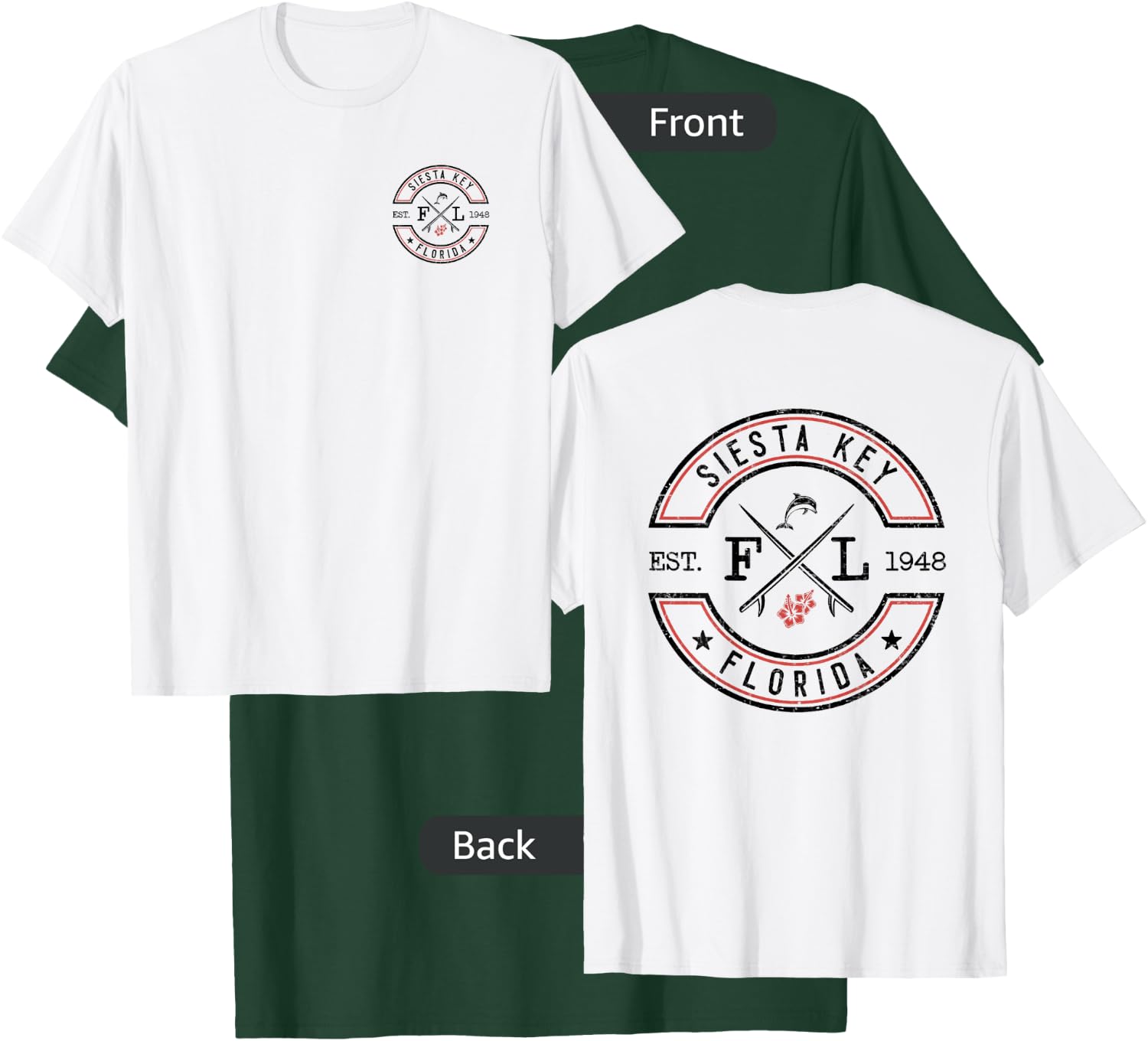 Siesta Key Florida FL Retro Surfer Front & Back T-Shirt - T-Shirt | Forest
