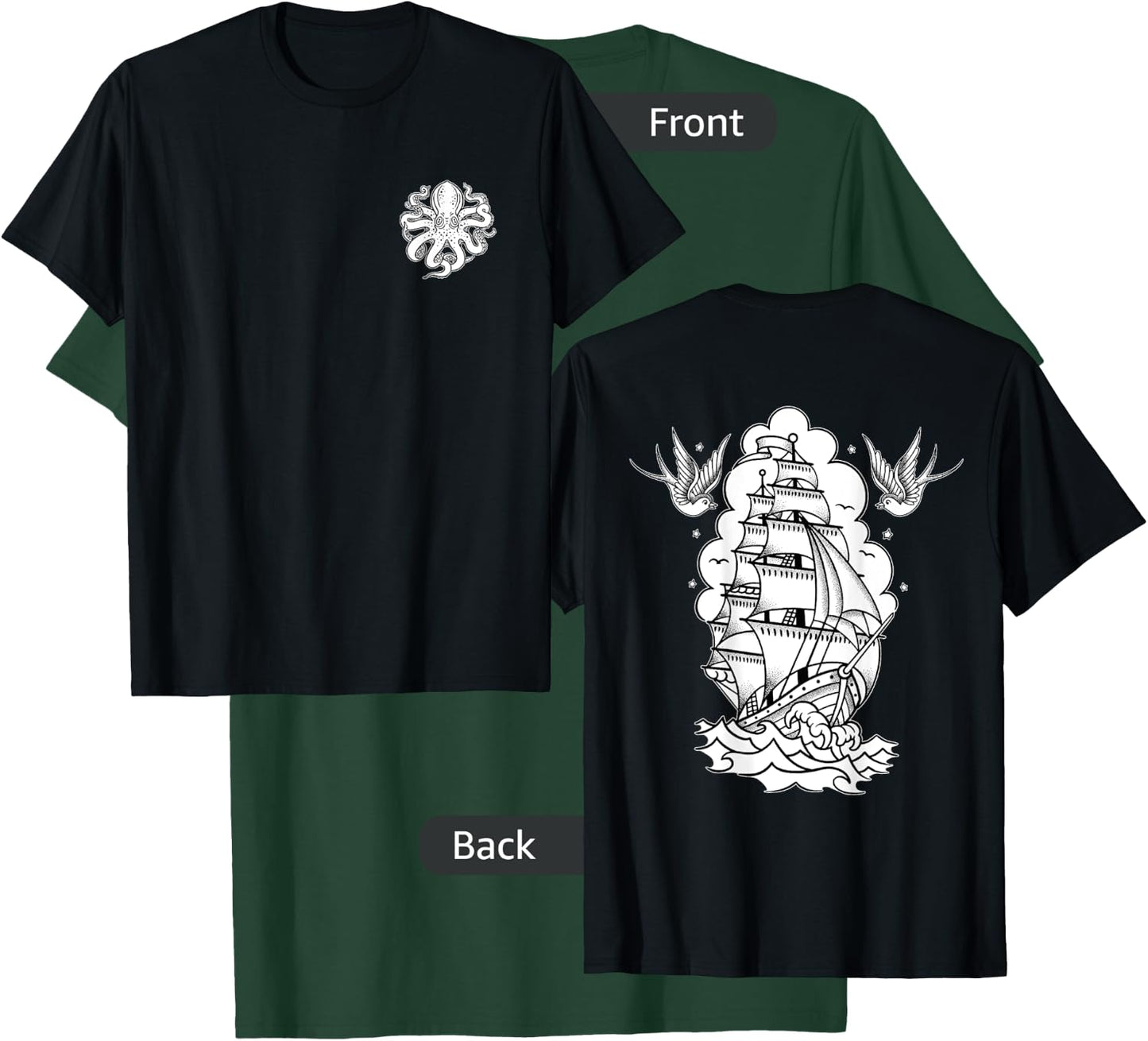 Octopus, Old School Sailor Tattoo Clipper Ship and Swallows T-Shirt - T-Shirt | Forest