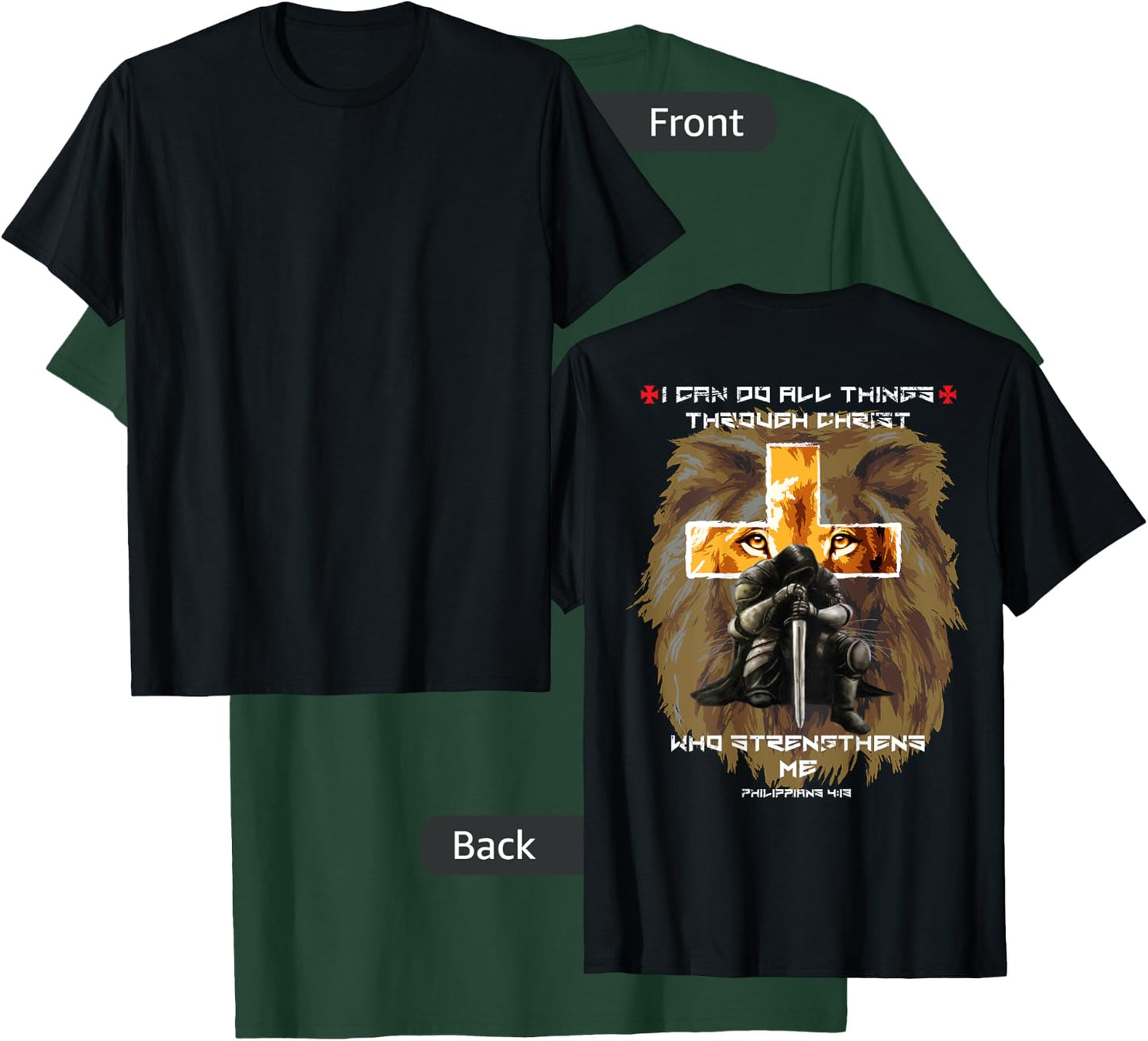 Back Print Bible Verse Gifts Men Dad Christian Lion Cross T-Shirt - T-Shirt | Forest