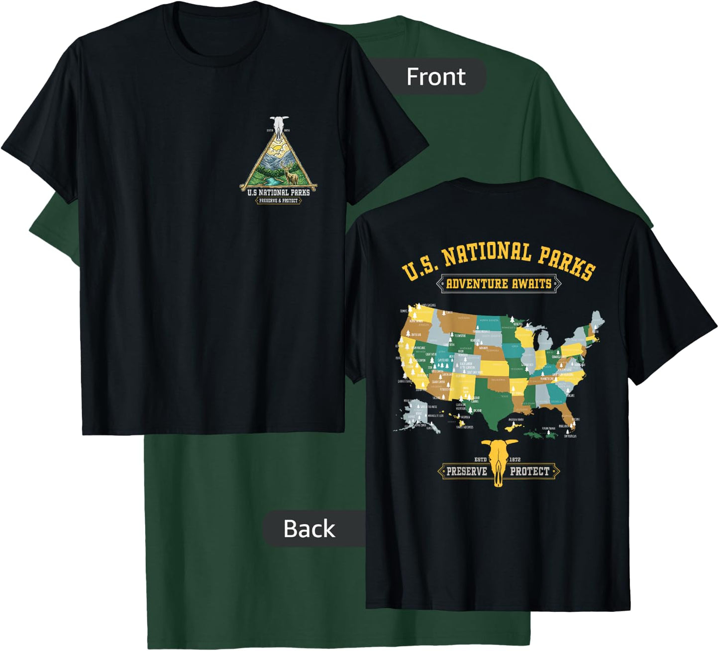 All 63 US National Parks Adventure Map Graphic(+ back print) T-Shirt - T-Shirt | Forest