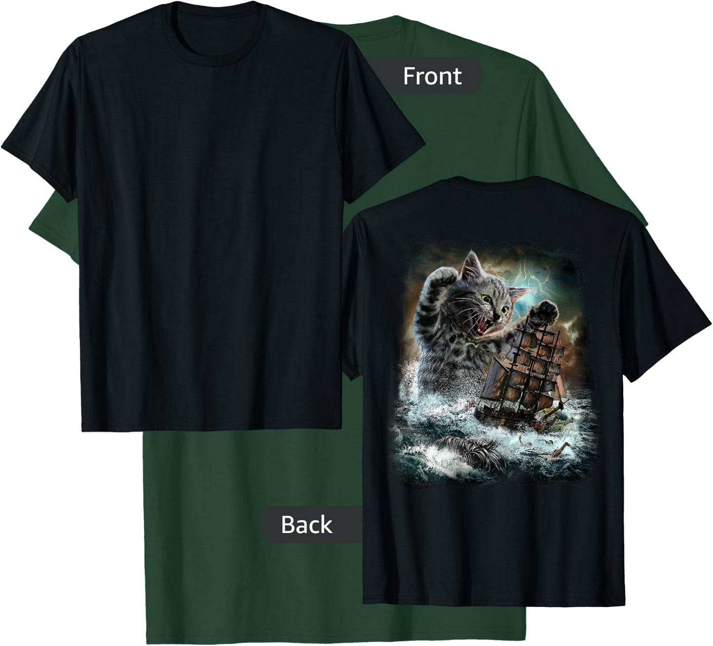 Giant Cat as Kraken Sea Monster Ambush a War Ship in Ocean T-Shirt - T-Shirt | Forest