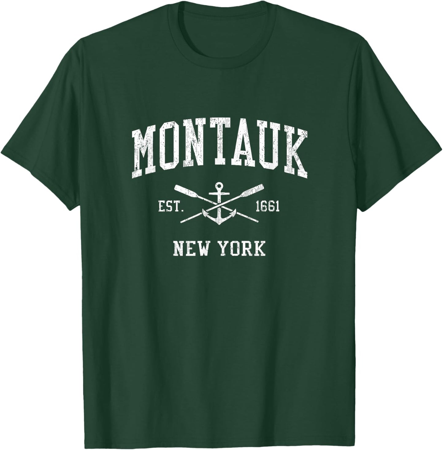 Montauk NY Vintage Crossed Oars & Boat Anchor Sports T-Shirt - T-Shirt | Forest