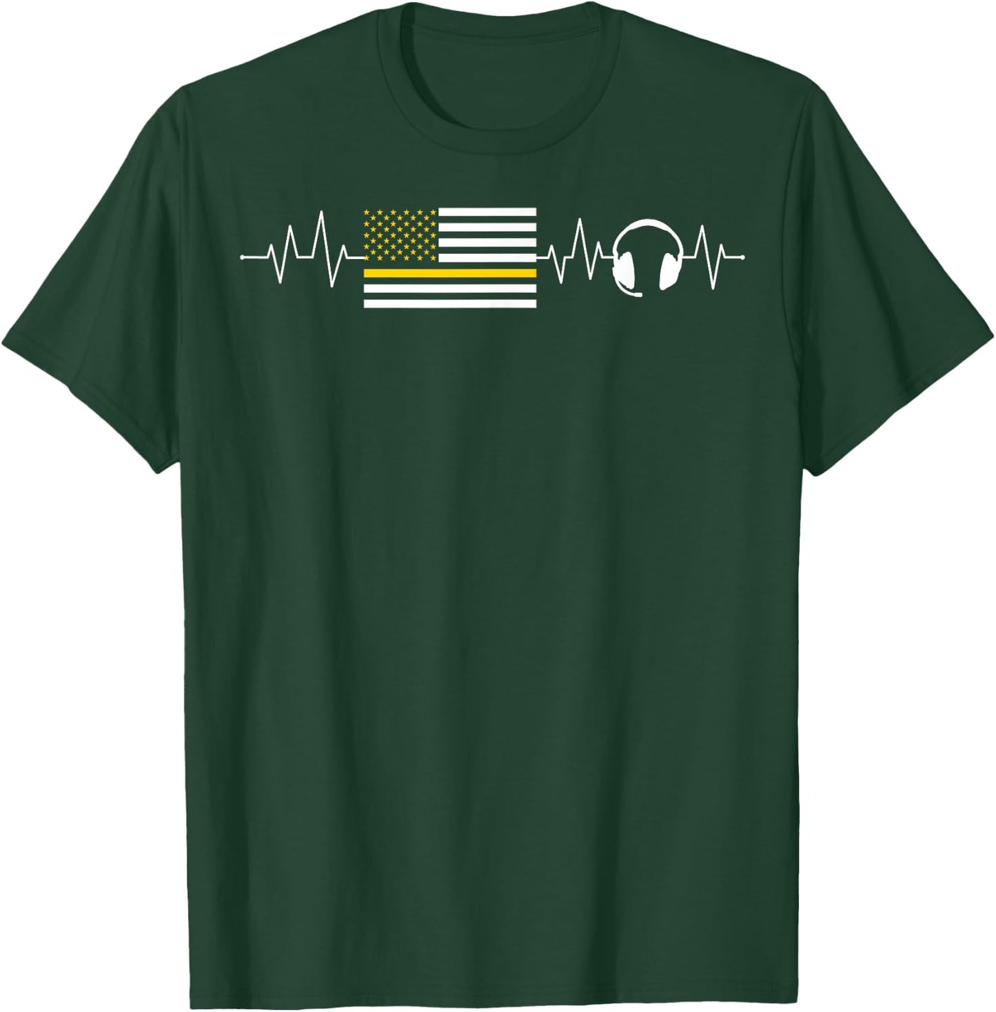 Heartbeat 911 Dispatcher Thin Yellow Line Emergency US Flag T-Shirt - T-Shirt | Forest