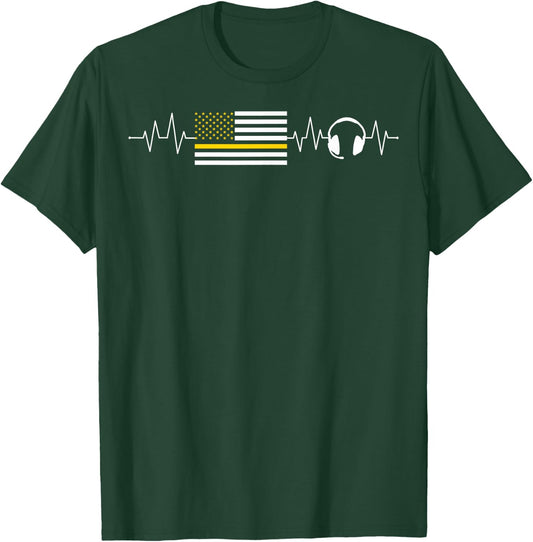 Heartbeat 911 Dispatcher Thin Yellow Line Emergency US Flag T-Shirt - T-Shirt | Forest