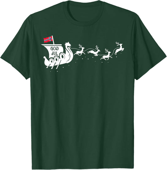 God Jul Viking Ship Sleigh T-Shirt - T-Shirt | Forest