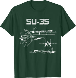 Su-35 Fighter Plane Warbird Blueprint Schematics Diagram T-Shirt - T-Shirt | Forest