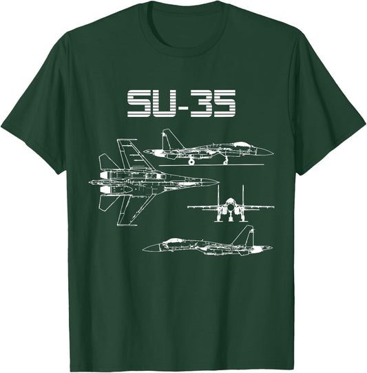 Su-35 Fighter Plane Warbird Blueprint Schematics Diagram T-Shirt - T-Shirt | Forest