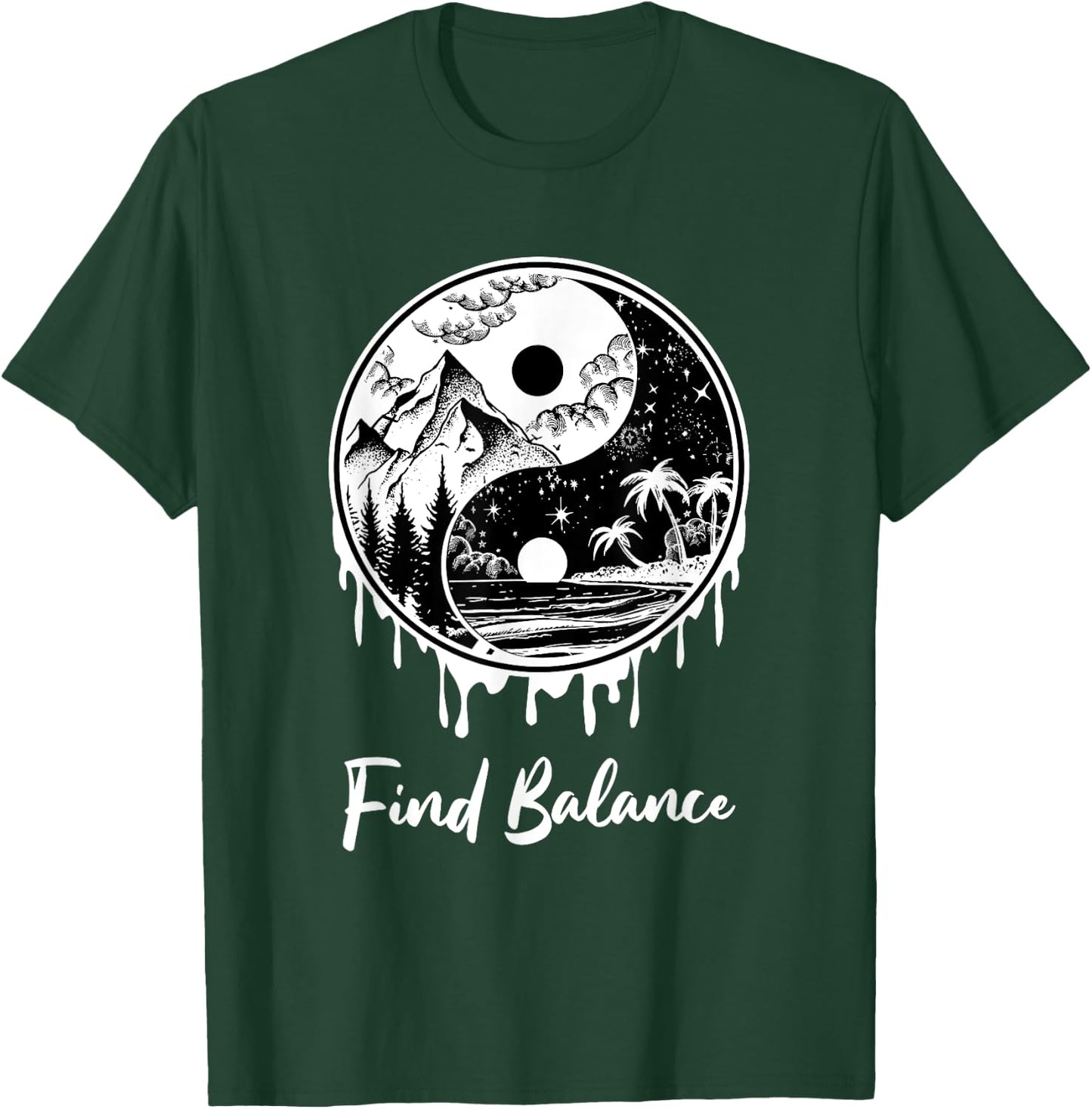 Yin Yang Find Balance Symbol Nature Night Day Mountain Beach Men Women T-Shirt - T-Shirt | Forest