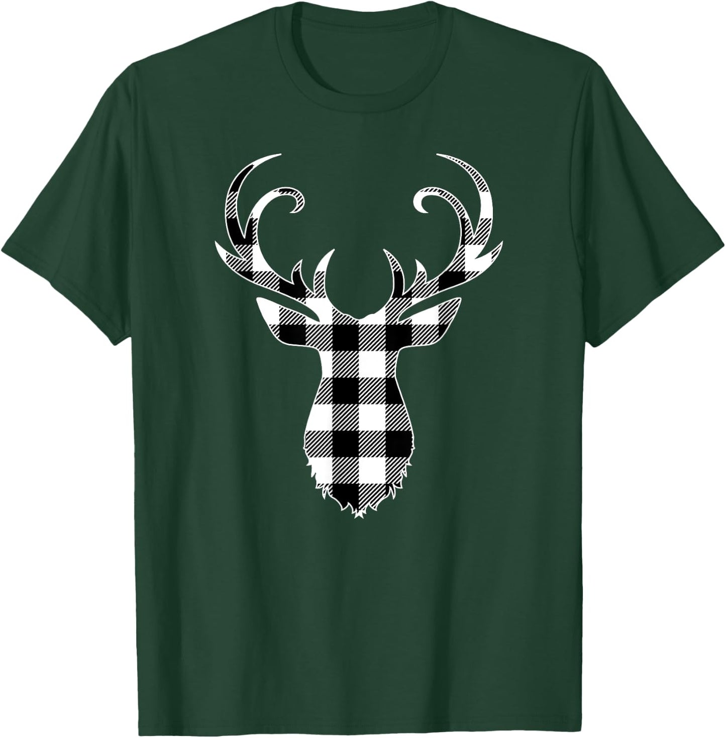 Black & White Classic Christmas Buffalo Plaid Deer Head T-Shirt - T-Shirt | Forest
