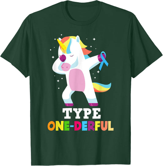 Funny Diabetic Type 1 Diabetes T1D Type One-Derful Unicorn T-Shirt - T-Shirt | Forest