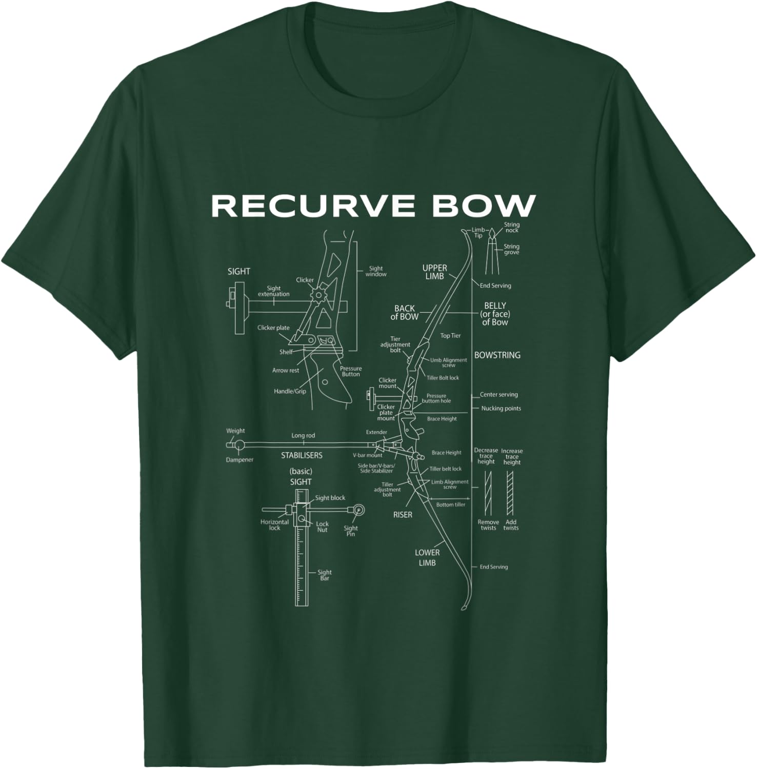 Recurve Bow Schematic Archery Blueprint Bow Hunting T-Shirt - T-Shirt | Forest